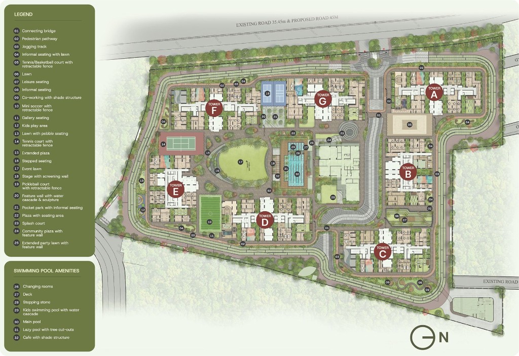 Team4 Aria master plan showing towers A to G, central courtyard, pools and amenities